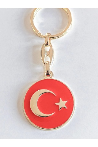 Moncuk Design Yuvarlak Kırmızı Zeminde Sarı Altın Renkli Ay Yıldız Figürlü Anahtarlık