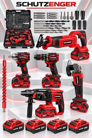 4 Akülü 5 Li Set Şarjlı Tilki Kuyruğu-somun Sökme-taşlama-kırıcı Delici Hilti-matkap Kömürsüz Kırmızı Pt9011