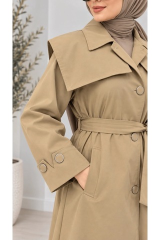 Nevayla Moda Kuşaklı Düğmeli Mevsimlik Trençkot - Camel / M0118