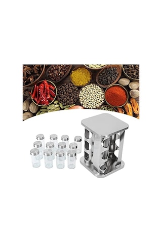 Döner Tezgah Üstü Baharatlık Rafı, 12 Adet Baharatlık Seti Gümüş