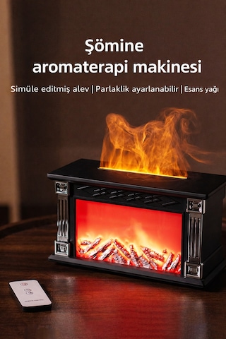 Exenar - Siyah - Şömine Alev Efektli Ultrasonik Hava Nemlendirici Uzaktan Kumanda Aromaterapi Buhar Makinesi 300ml