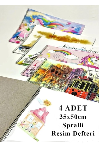 Resim Defteri 15 Yaprak 35x50 Cm 4 Adet Spiralli Büyük Boy Resim Defteri Karton Kapak 110 Gr Öğrenci Okul
