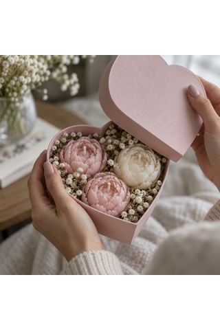 Kalp Kutuda Mini Şakayık Mum Buketi Pembe