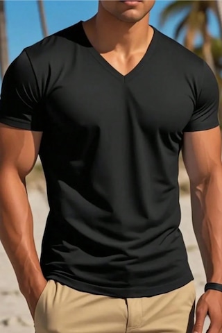 Tarz Cool Erkek Pamuk V Yaka Slim Fit Dar Kesim Tişört Siyah L