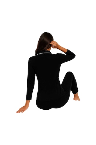 Siyah-beyaz Pamuklu Düğmeli Biyeli Kadın Pijama Takımı Siyah