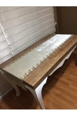 Krem Gelin Çeyiz Dantelli Lüx Kadife Runner