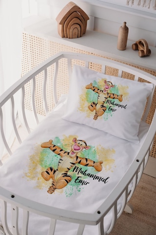 %100 Pamuk Saten Isme Özel Isimli Anne Yanı Beşik Nevresim Takımı Kaplan