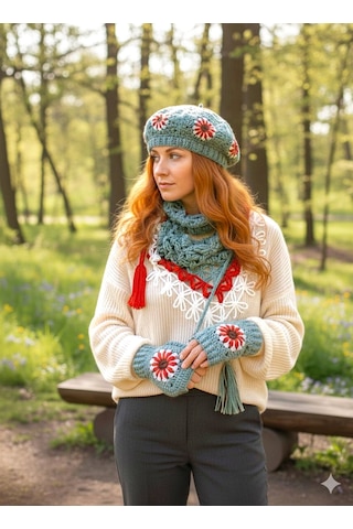 Ressam Bereli Fular Eldiven Takımı , El Yapımı Bere Şal Set Mint Yeşili