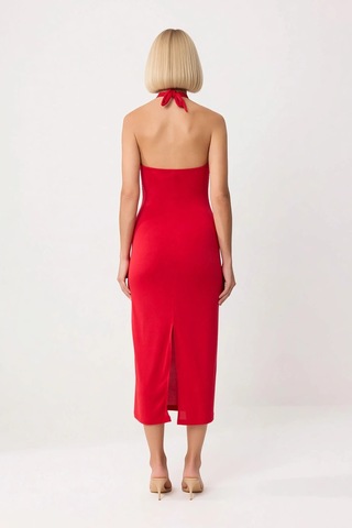Benerly Kadın Halter Yaka Bodycon Midi Elbise %100 Polyester Kolsuz Astar Kırmızı