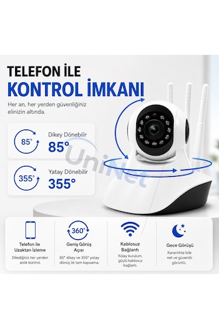 Uninet Wifi Akıllı Ev Kamerası Uzaktan Izleme, Gece Görüşü Ve Sesli Iletişim 355 Derece Döner Özellikli Ptz Kamera