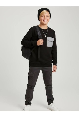 Zekids Erkek Çocuk Cep Detaylı Pamuklu İnce Sweatshirt-16650 Siyah