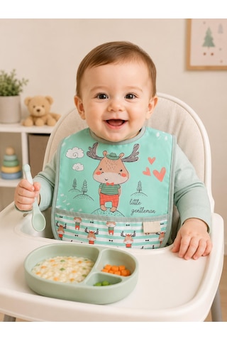 Set Kısa Kollu Bağlamalı Ayarlanabilir Sıvı Geçirmez Aktivite ve Mama Önlüğü Geyikli & Kızılderili Çok Renkli 2'li