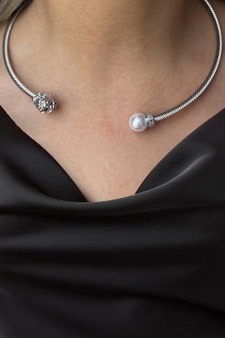 Caş Dekorasyon Gümüş Renk Aslanlı İncili Metal Choker Kolye Gümüş