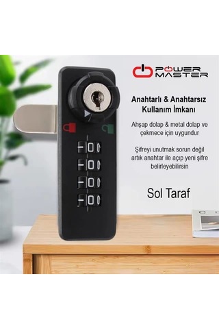 Powermaster Pm-26731 4 Haneli Şifreli Ve Anahtarlı Mekanik Siyah Çekmece Dolap Kilidi Sol