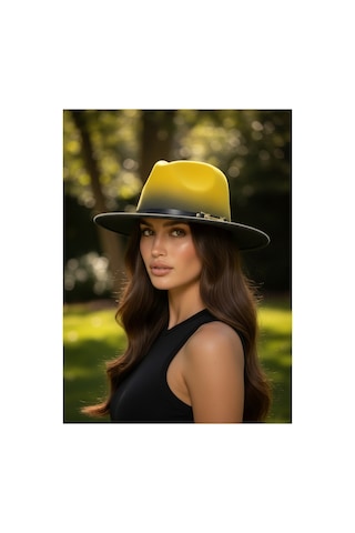 Gigi Luxe Özel Tasarım Fedora Fötr Şapka Ayarlanabilir Gold Aksesuarlı Kovboy Fötr Sarı Sarı