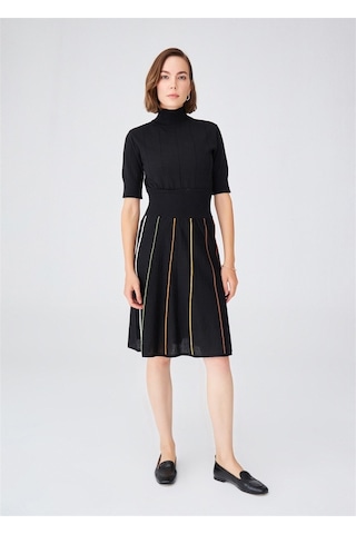 Peraluna Çizgili Yüksek Bel Bol Kesim Diz Altı Kadın Triko Etek S Siyah