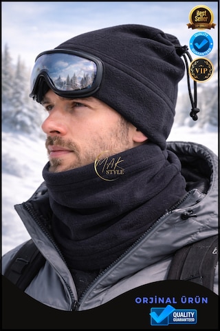 Overpet Yetişkin Polar Boyunluk Ayarlanabilir, Çok Amaçlı Boyunluk & Bere Siyah