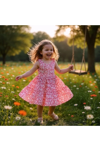 Çiçekli Kız Çocuk Elbise St09118 Pembe