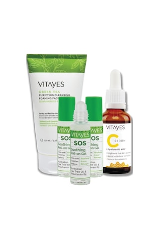 Vitayes Vitayes Hyaluronic Acid Vitamin C Serum 30 ML + Sos Çay Ağacı Özlü Onarıcı Roll-On Serum + Yeşil Çay Yüz Serumu 46417314