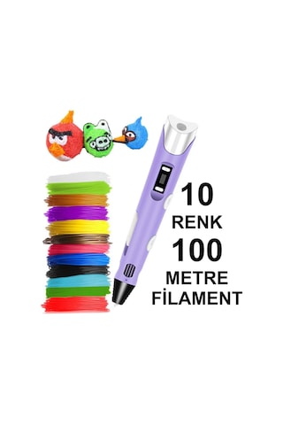 Mor 3D Kalem Yazıcı+10 Renk 100 Metre (10X10Metre) Pla Filament