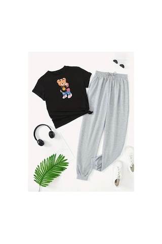 Medinenur Süslü Peluş Ayıcık Baskılı T-shirt Eşofman Altı Jogger Rahat Kalıp Siyah Eşofman Takım Siyah