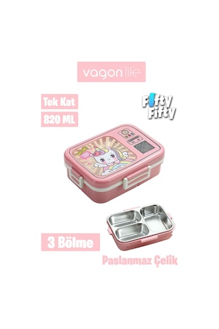 Vagonlife Lunch Box 820 Ml Tek Kat Üç Bölmeli Sos Kaseli Yeni Nesil Sefer Tası-fflbox10283 Pembe
