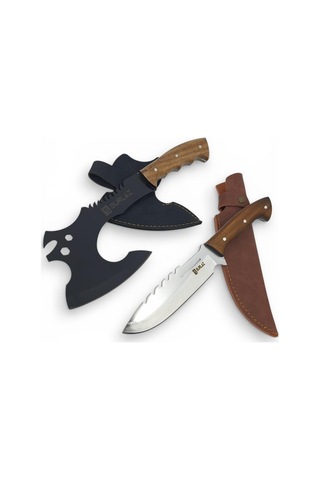Surlaz Kamp Bıçak Seti, Ahşap Saplı Bıçak Ve Balta, Deri Kılıflı, Outdoor Set, Piknik Doğa Bıçak Seti