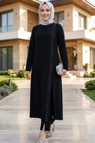 Hb Harma Time Butik Kadın İnci İşlemeli Siyah Tunik-pantolon İkili Takım