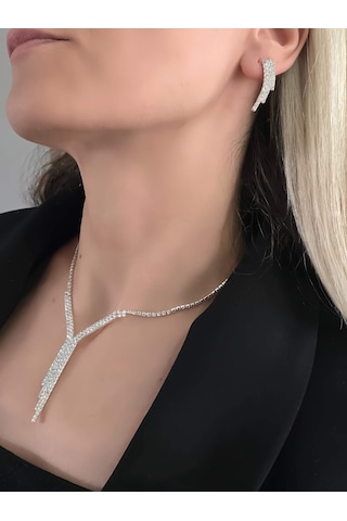 Eva Takı Store Kristal Taşlı Su Yolu Sarkıt Model Yılbaşı - Abiye - Düğün -event Kolye Küpe Set Silver Gümüş