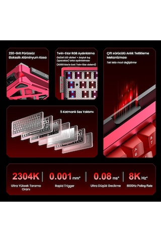 Aula Ag60 Pro Alüminyum Manyetik Klavye Hall Effect Aether Switch 8000hz Rgb Tkl Hot Swap Oyuncu Klavyesi Kırmızı