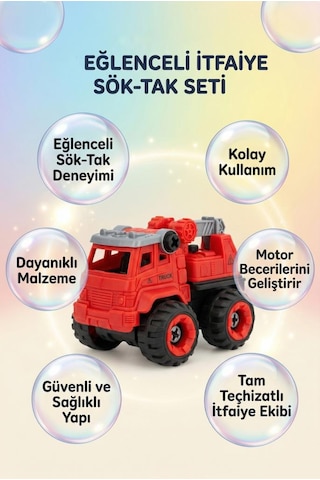 Dıy Sök-tak 4'lü İtfaiye Kamyonlu 6'lı Aksesuarlı 4'lü Ekipmanlı Eğitici Oyuncak Araba Seti Kırmızı