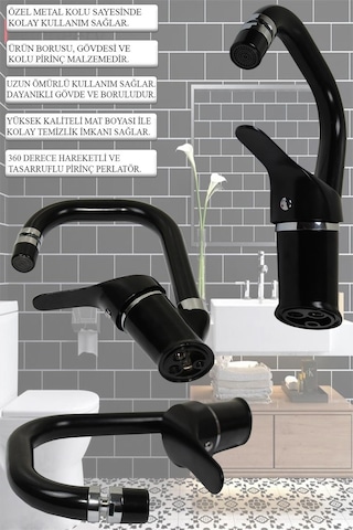 Tesitay Mat Siyah Mutfak Bataryası Kare Borulu Eviye Musluğu Armatür