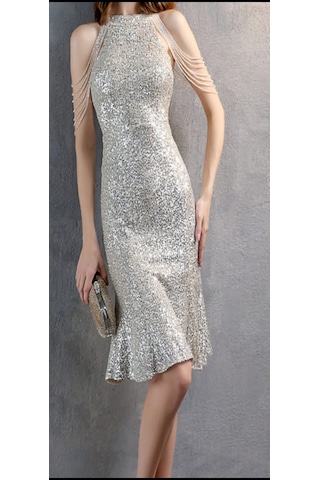 Hanife Glam Couture Hanife Glam Boncuk Detaylı Pulpayet Abiye Elbise Gümüş