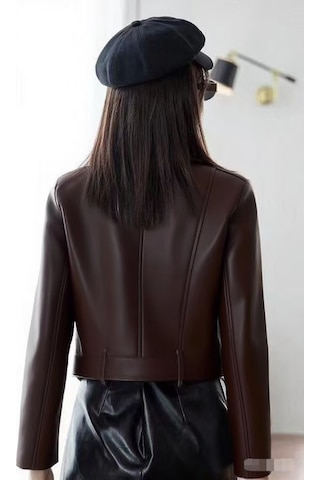 Kadınlar İçin Eğik Fermuarlı Günlük Kısa Deri Ceket Kahverengi