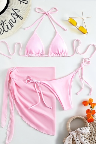 Angelsin Pareolu Bağlamalı 3'lü Bikini Takım Set Çıkartılabilir Kaplı Pembe