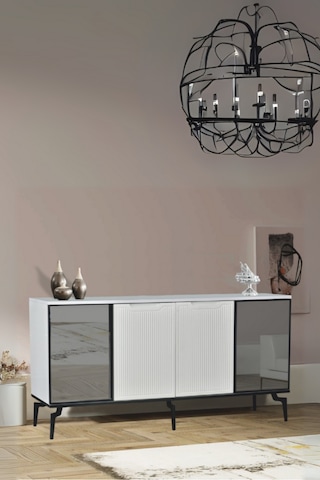 Viva Camlı Konsol Beyaz Aynalı 4 Kapaklı Raflı 160x80x43,5 Cm