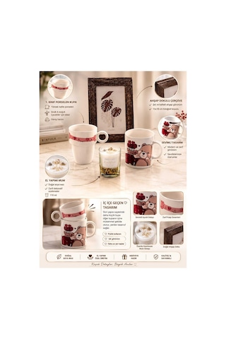 Doğum Günü, Özel Gün, Yeni İş, Yeni Ev Hediyesi İç İçe Geçen Porselen Kupa, Ahşap Çerçeve Ve El Yapımı Soya Mum Seti