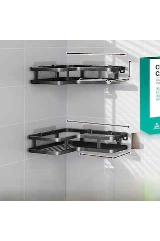 Springsun Banyo Köşe Dolabı, Duvar Üstü İki Katlı Sıralama Rafı, Delme Yok Kurulum, Rust Öğesi, Mutfak/banyo/ Balkon Depolama Çözümü Siyah Diğer