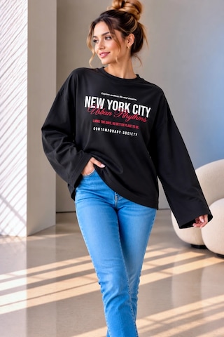 Bb Butik Basic Kadın Baskılı Bol Kollu Oversize İnce Sweatshirt Trend Model Mu3535 siyah