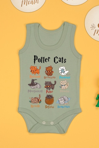 Bebetospik %100 Pamuklu Potter Cats Baskılı Yumuşak Doku Baskılı Zıbın & Body Haki