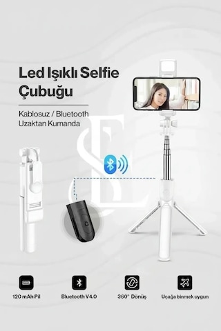 Encag Led Işıklı Selfie Çubuğu Bluetooth Kumandalı Kablosuz Tripot Selfie Monopod Selfie Stick Beyaz Lisinya St
