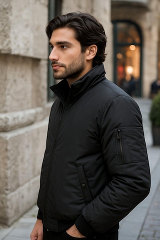 Erkek Astarlı Dik Yaka Mevsimlik Cepli Su Ve Rüzgar Geçirmez Mont Siyah