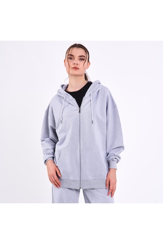 MMetalic Gri Kanguru Cepli Kapüşonlu Fermuarlı Oversize Kadın Sweatshirt Gri