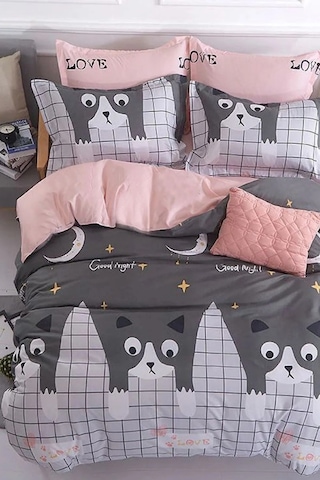 İqon Lastikli Çarşaflı Nevresim Takımı Çift Kişilik Good Night Cats Good Night Cats Gri
