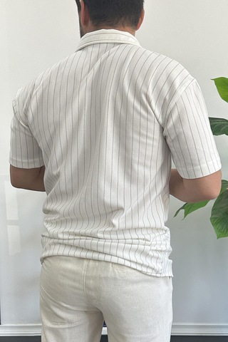 Erkek Dik Çizgili Kısa Kollu Gömlek Krem Edw387 Krem