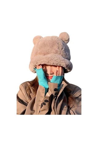 Uniquetrenders Kadın Sevimli Ayı Kulak Peluş Bucket Şapka Vizon