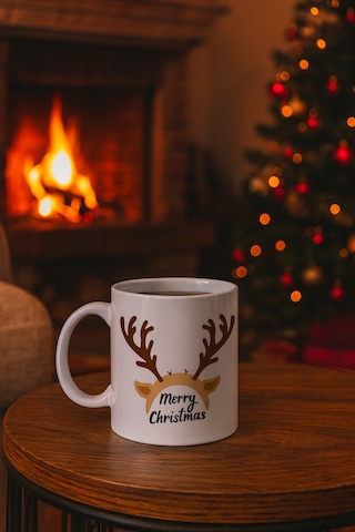 Merry Christmas Geyik Boynuzu Tasarımlı Kupa Model 235 Yılbaşı Temalı Seramik Kahve Kupası Diğer