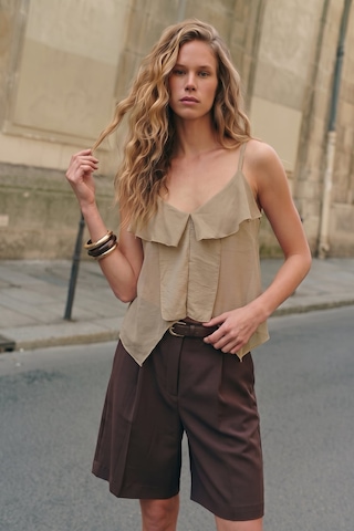 Sateen Fırfır Detaylı Askılı Bluz - Bej-137723