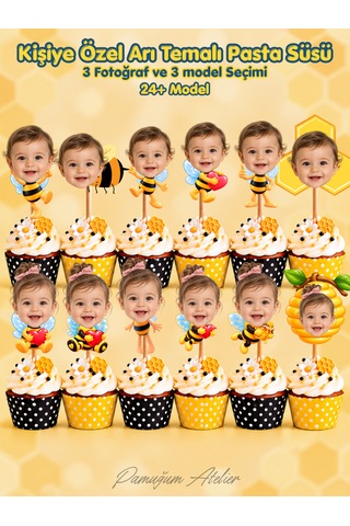 Pamuğum Atelier 12 Adet Kişiye Özel Fotoğraflı Arı Temalı Cupcake Süsü Bebek, Çocuk Doğum Günü Pasta Süsü