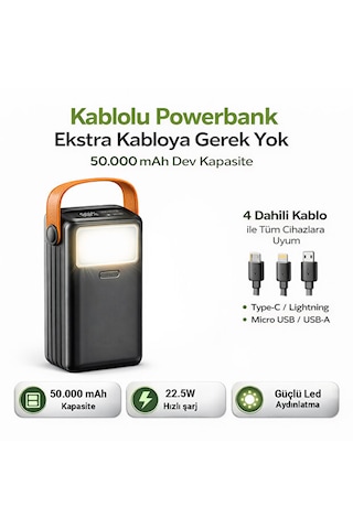 Cp-05 50.000mah 22.5w Süper Hızlı Şarj Powerbank - Dahili 4 Kablolu Ve Led Aydınlatmalı Harika Ürün Siyah